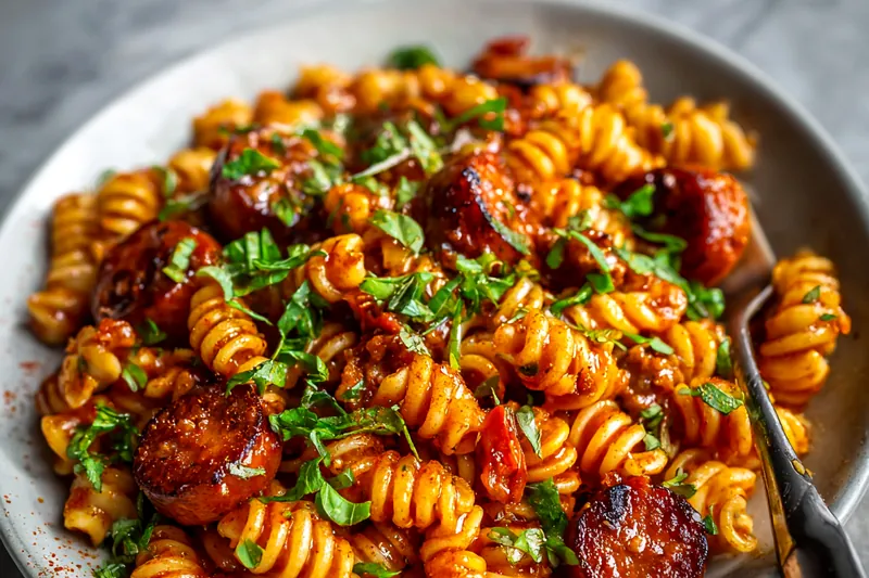 Action shot of browned Italian sausage chunks sizzling in a stainless steel skillet with caramelized onions and garlic, glossy red tomato sauce beginning to bubble around the edges