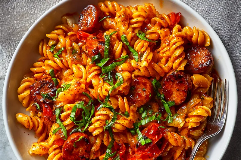 Overhead view of recipe ingredients arranged on a marble countertop: raw Italian sausages, dried fusilli pasta, fresh garlic cloves, diced yellow onion, canned crushed tomatoes, fresh parsley, red pepper flakes, and olive oil in a small bowl