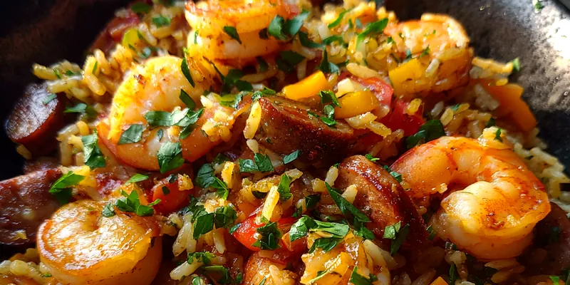 Delicious Spicy Shrimp Sausage Rice served on a plate