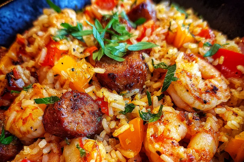 Fresh ingredients for Spicy Shrimp Sausage Rice