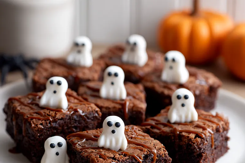 Baking ingredients for ghost brownies including cocoa powder, melted butter, eggs, chocolate chips, and white chocolate arranged on a dark countertop