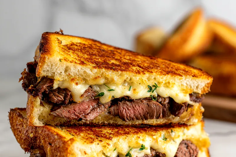 Cooking the steak grilled cheese sandwich in a skillet