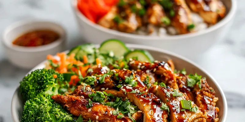 Colorful sticky chicken rice bowl with glazed chicken, fresh vegetables, and sesame seeds in a white ceramic bowl on a wooden table