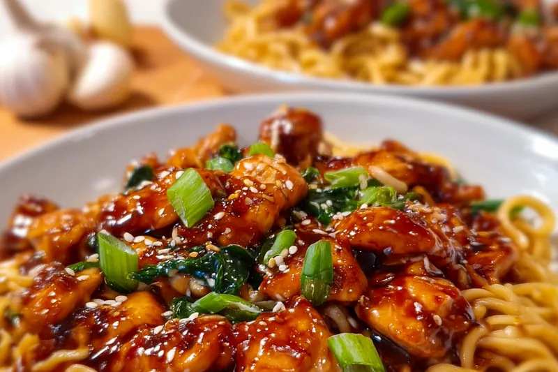 Sticky garlic chicken noodles being tossed in a hot wok with visible steam and glossy sauce coating the ingredients