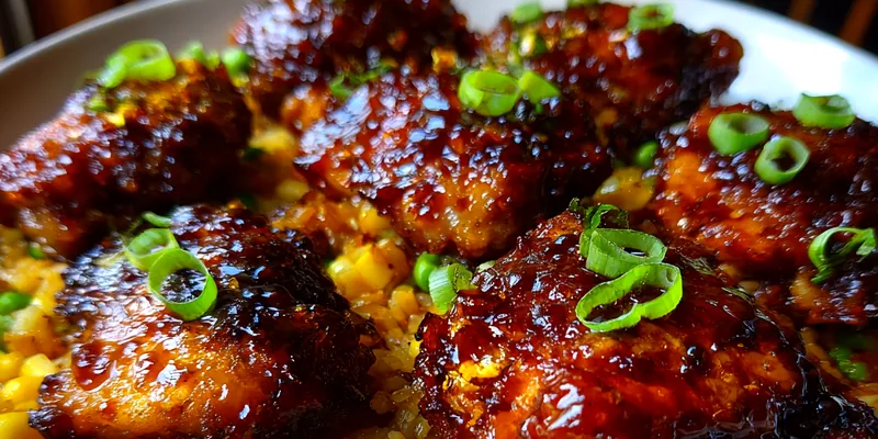 Delicious Sticky Glazed Chicken Rice served on a plate