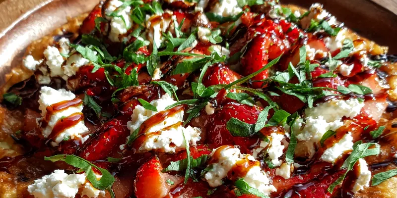 Delicious Strawberry Balsamic Cheese Flatbread served on a plate