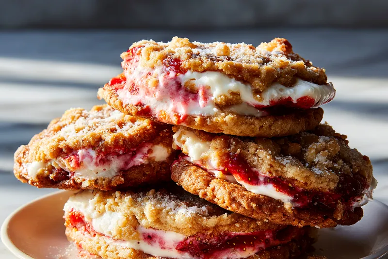 Process shot showing hands assembling a strawberry cheesecake cookie on a clean work surface, with one disc of dough in hand, a spoonful of pink cream cheese filling being placed in the center, and another dough disc ready to seal on top, with coarse sugar in a bowl nearby