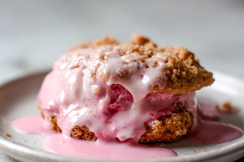 Overhead view of recipe ingredients arranged on a white marble surface: bowls of flour, sugar, and coarse sugar crystals, sticks of butter, fresh strawberry jam in a glass jar, blocks of cream cheese, eggs, and small bowls of baking powder and vanilla extract, styled with fresh strawberries scattered around