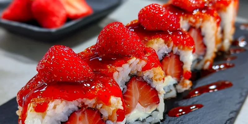 Delicious Strawberry Cream Sushi Rolls served on a plate