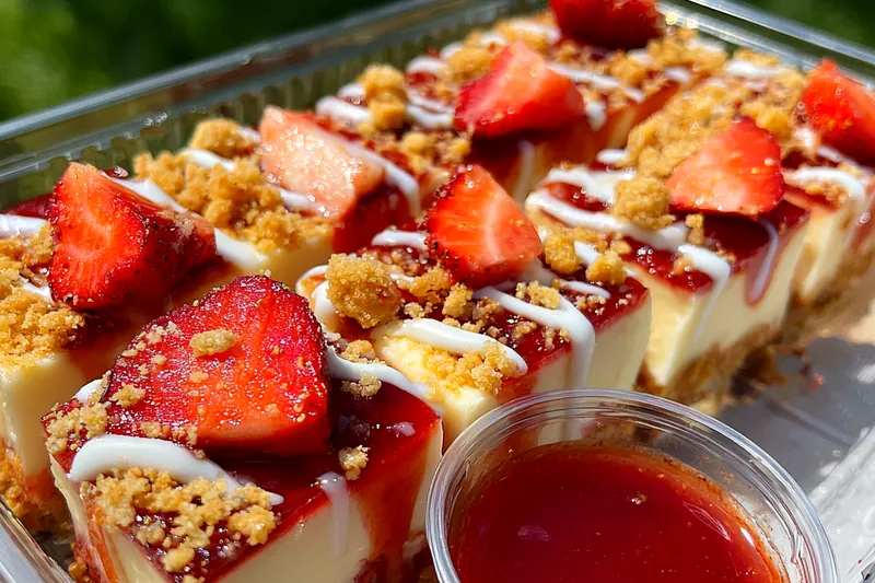 Fresh ingredients for Strawberry Crunch Cheesecake Chunks