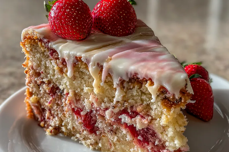 An arrangement of fresh strawberries, cake mix, and other ingredients for Delicious Strawberry Honeybun Delight.