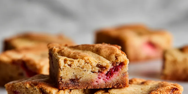 Golden brown strawberry lemon blondies on a white plate