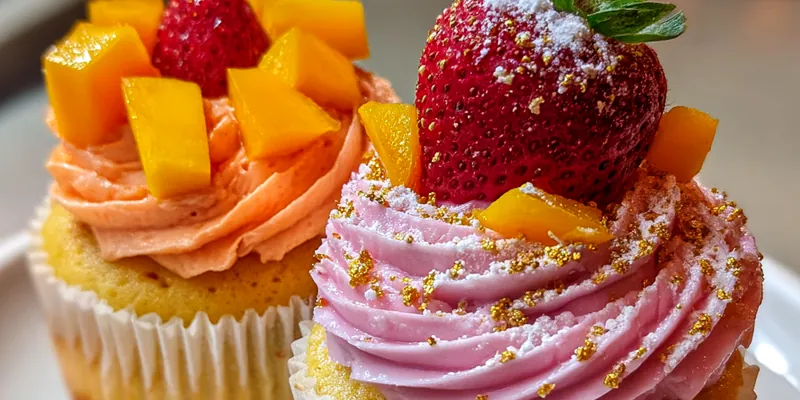 Delicious Strawberry Mango Cupcakes served on a plate