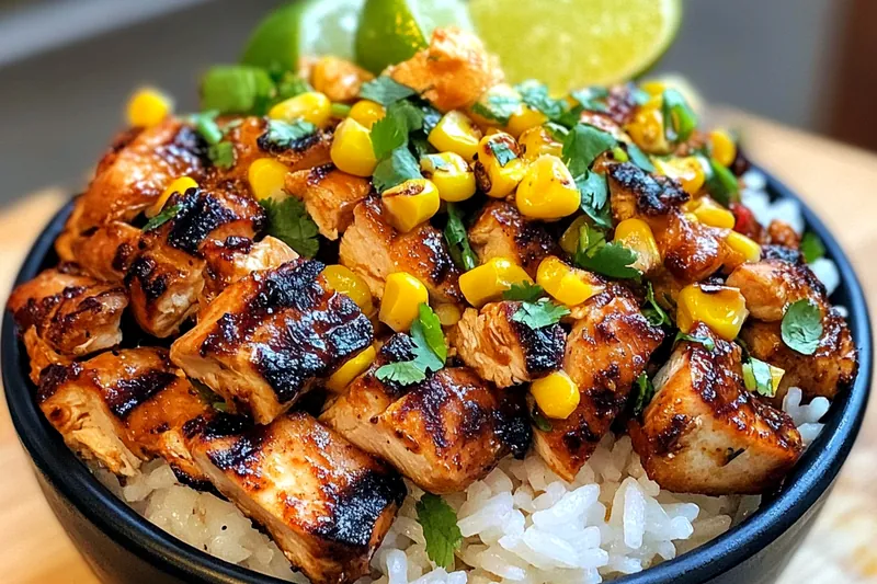 Ingredients for Savory Street Corn Chicken Bowl including chicken, corn, and spices arranged on a countertop.