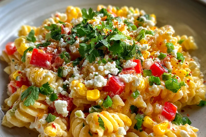 A vibrant display of fresh ingredients for Street Corn Pasta Delight, including corn, pasta, cheese, and spices.