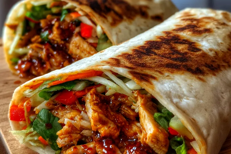 Fresh ingredients for sweet chili chicken wraps including raw chicken, colorful vegetables, tortillas, and sweet chili sauce arranged on a marble countertop