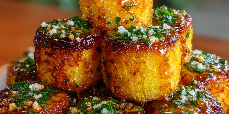 A plate of golden Sweet Cornbread Bites garnished with fresh herbs and served warm.