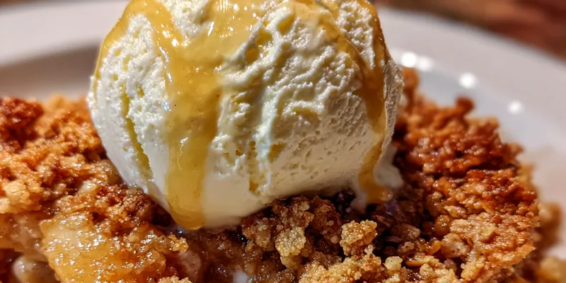 A freshly baked honey apple crisp with golden oat topping