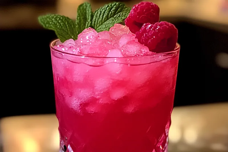 Elegant arrangement of cocktail ingredients including vodka bottle, fresh berries, lime, rose water, prosecco, and beautiful garnishes on a marble surface