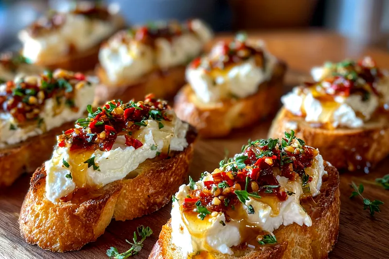 A step-by-step visual of the cooking process for Whipped Feta Crostini Delight, showcasing the blending and toasting actions.