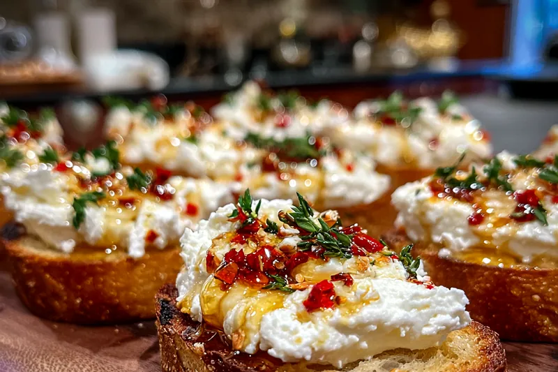 A colorful array of ingredients for Whipped Feta Crostini Delight, including feta cheese, herbs, and baguette slices.