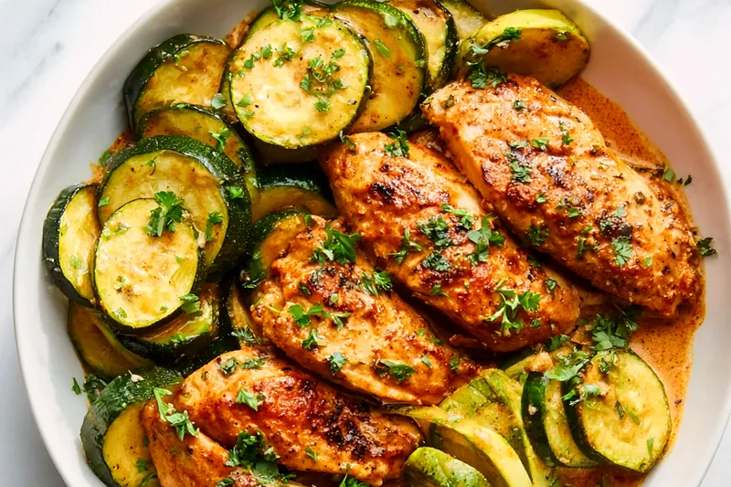 Golden chicken breasts simmering in rich, reddish-orange paprika cream sauce in a large skillet, showing the cooking process
