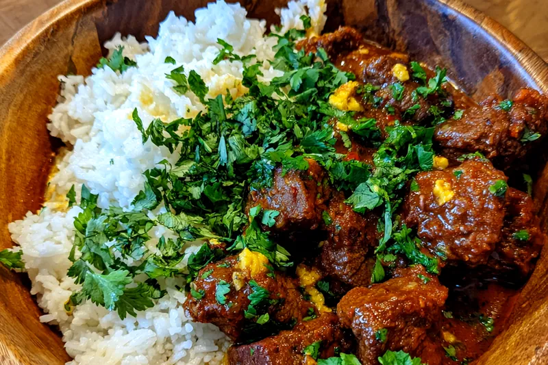 Cooking process for Tender Indian Beef Curry with Basmati