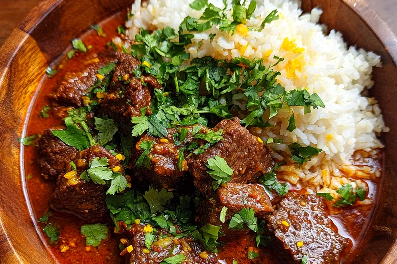 Fresh ingredients for Tender Indian Beef Curry with Basmati