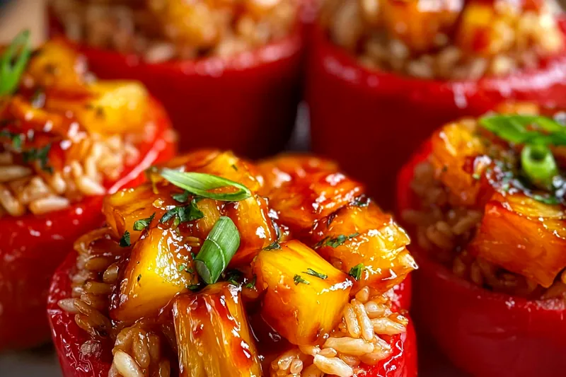 Six stuffed red bell peppers in a white baking dish, golden filling visible at the tops, with sesame seeds being sprinkled over them