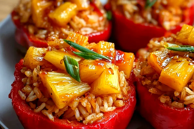 Colorful array of ingredients including red bell peppers, ground chicken, fresh pineapple, jasmine rice, and Asian seasonings arranged on a bamboo cutting board