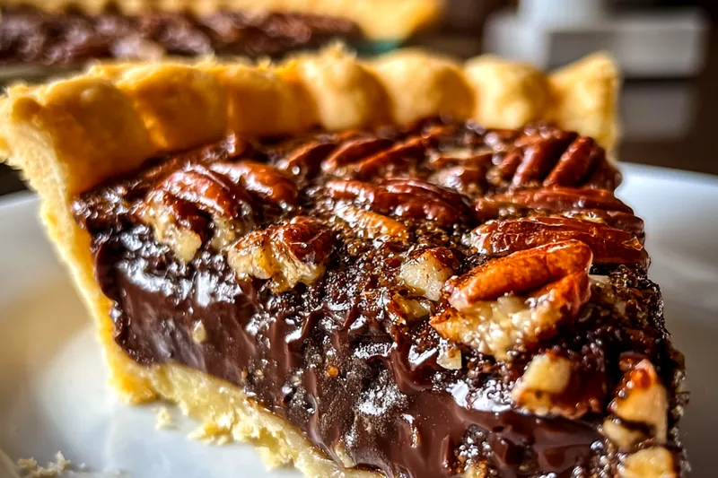 Ingredients for Texas chocolate pecan pie including flour, butter, eggs, corn syrup, brown sugar, pecans, and chocolate chips arranged on a rustic wooden surface