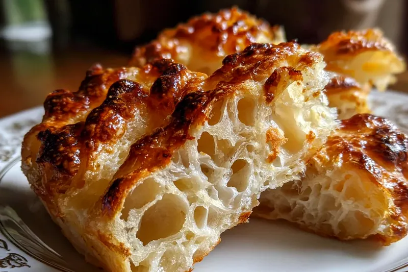 Hands pouring creamy vanilla custard over torn croissant pieces in a white baking dish
