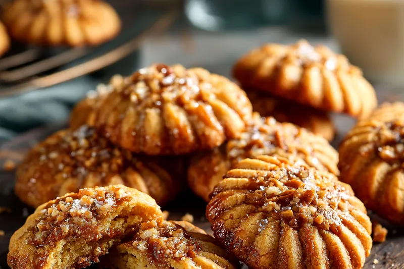 Flat lay of cookie ingredients including golden brown butter in a saucepan, measured sugars in glass bowls, eggs, flour, vanilla extract, baking ingredients, and chopped toffee candy bars on a marble surface