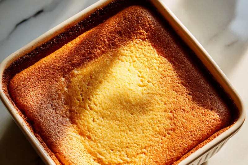 Close-up action shot of warm rose water syrup being slowly poured from a ladle over a just-baked, golden-brown Revani cake that's been cut into diamond shapes in the baking pan, with steam rising and the syrup beginning to soak into the cuts