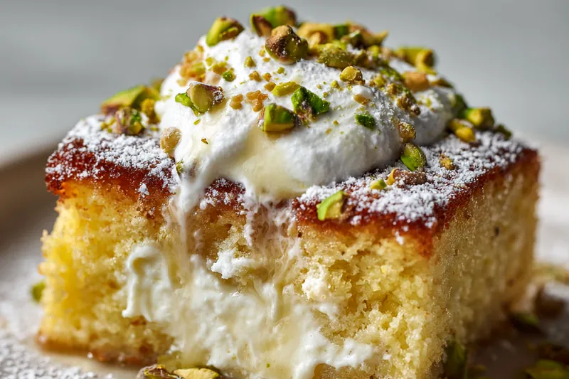 Overhead view of ingredients for Revani cake arranged on a white surface: a bowl of fine semolina flour, another of all-purpose flour, eggs, Greek yogurt in a small bowl, melted butter, fresh lemons, a small bottle of rose water, sugar, and a pile of bright green chopped pistachios