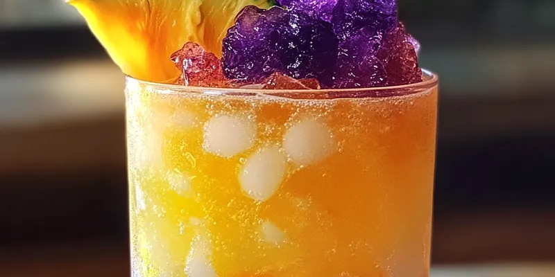 Tall glass showing distinct purple, blue, and golden tropical layers with edible glitter sparkling throughout, garnished with pineapple and stars
