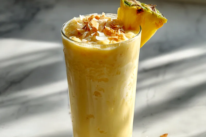 Overhead view of smoothie ingredients arranged on white marble: fresh pineapple chunks in a bowl, sliced banana, can of coconut milk, container of Greek yogurt, shredded coconut in a small dish, honey jar, vanilla extract bottle, and ice cubes in a glass bowl