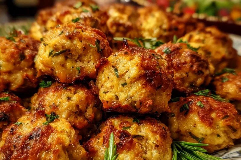 Ingredients for turkey stuffing balls laid out on a marble countertop including chopped turkey, breadcrumbs, fresh herbs, and eggs