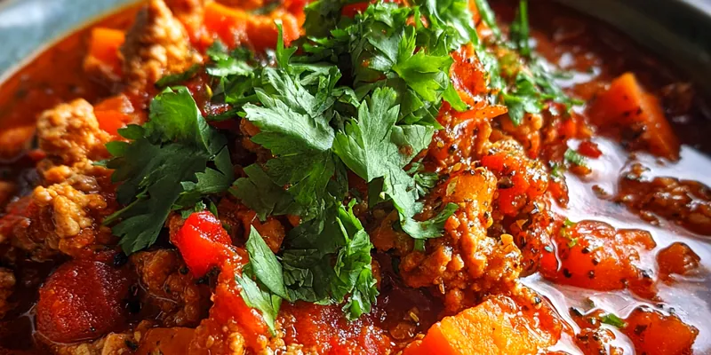 Bowl of delicious turkey sweet potato chili topped with cilantro