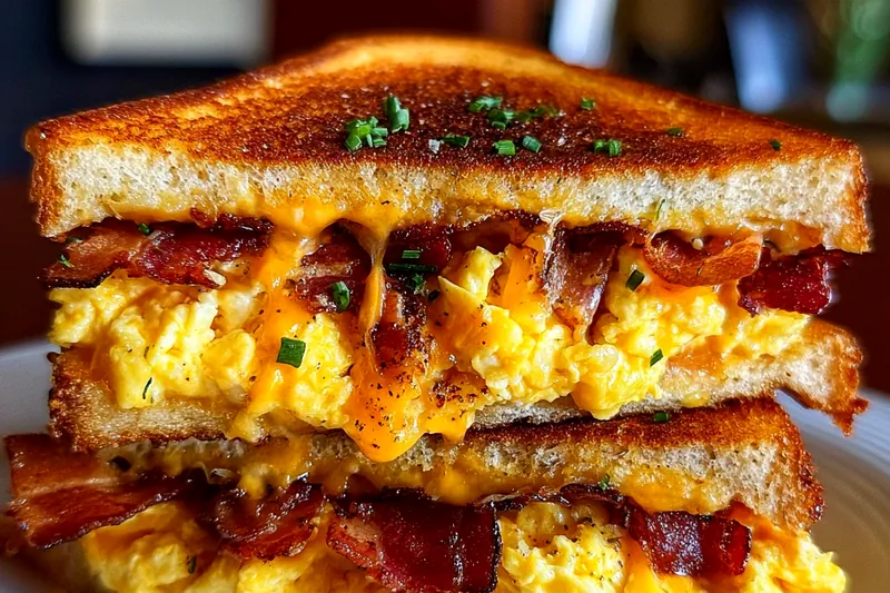 Ingredients for breakfast grilled cheese including thick bread slices, eggs, heavy cream, bacon, cheddar cheese, and cream cheese arranged on a marble countertop