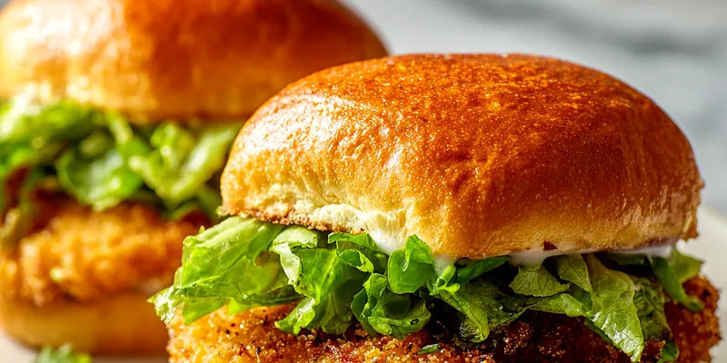 Golden-brown crispy chicken sandwich on toasted brioche bun with fresh lettuce and creamy sauce dripping from the side, photographed on white ceramic plate with second sandwich in background