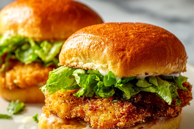 Overhead flat lay of raw chicken breasts on wooden cutting board surrounded by small glass bowls containing flour, buttermilk, panko breadcrumbs, colorful spices, brioche buns, fresh lettuce, pickles, and sauce on white marble countertop