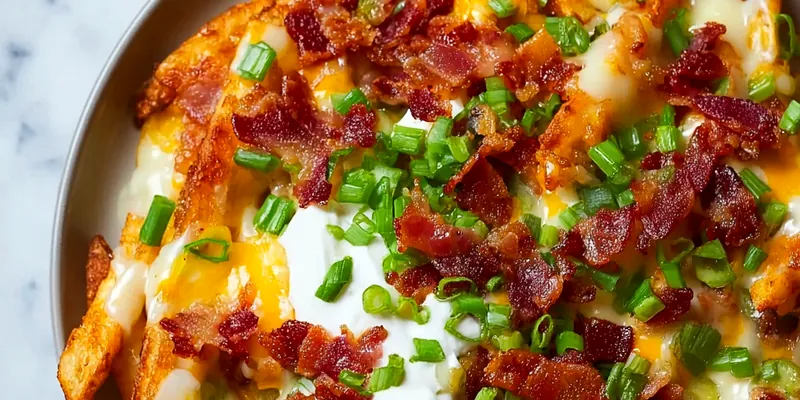 Golden crispy loaded fries topped with melted cheese, crispy bacon bits, green onions, sour cream dollops, and fresh chives on a large serving platter