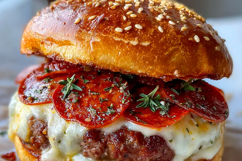 A colorful array of fresh ingredients for Ultimate Pizza Burger Delight, including ground beef, spices, and pepperoni.