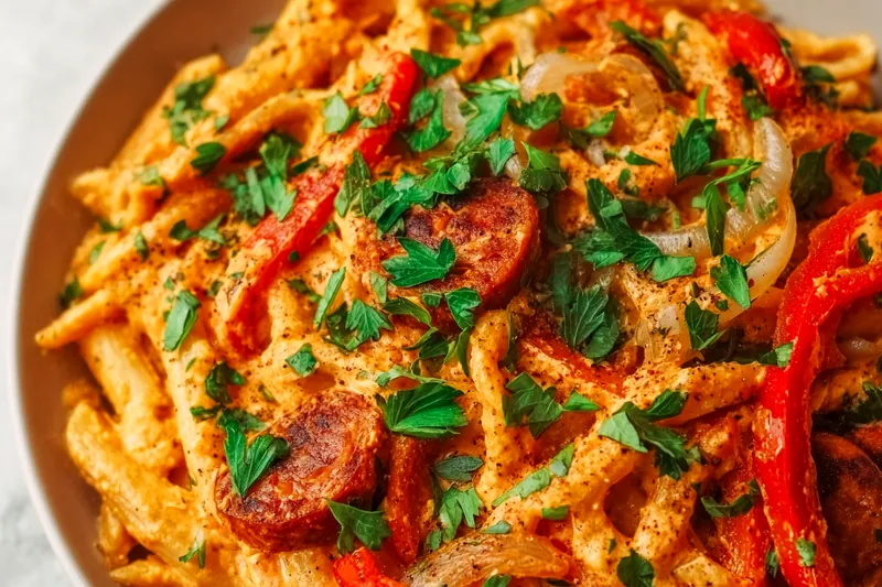 Vegan Cajun pasta being tossed in a large skillet with vibrant orange-red creamy sauce coating the pasta, steam rising from the pan