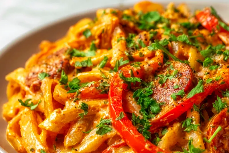 Fresh ingredients for vegan Cajun pasta including raw cashews, roasted red peppers, colorful bell peppers, mushrooms, fresh herbs and Cajun spices arranged on a wooden board