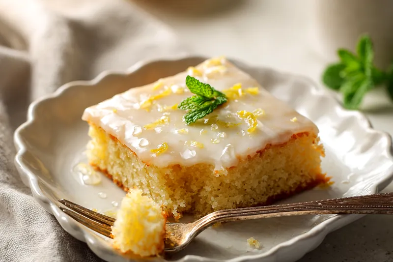 Flat lay of lemon brownie ingredients arranged on marble counter including flour, sugar, eggs, fresh lemons, butter, and lemon zest in small bowls