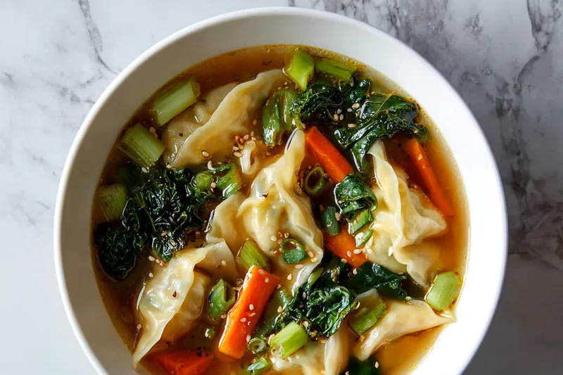 Fresh ingredients for potsticker soup including pork and vegetables