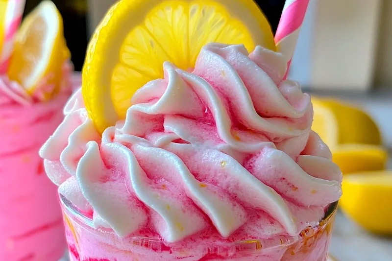 Fresh ingredients for whipped pink lemonade delight including cream cheese, heavy cream, pink lemonade concentrate, strawberries, and garnishes on a marble surface