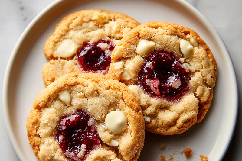Close-up side view of cookie dough being scooped onto a parchment-lined baking sheet with a cookie scoop, showing the texture of the dough studded with white chocolate chips and cranberries, with several already-scooped dough balls waiting to be baked